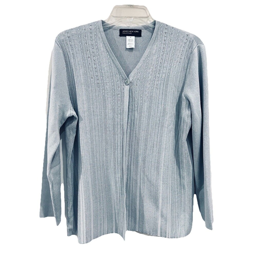 Vintage Jones New York Rayon Nylon Silky Cardigan Sweater Dusty Blue Medium